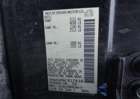 2010 Nissan Maxima 3.5 Sv from USA, damaged, VIN 1N4AA5AP0AC857838